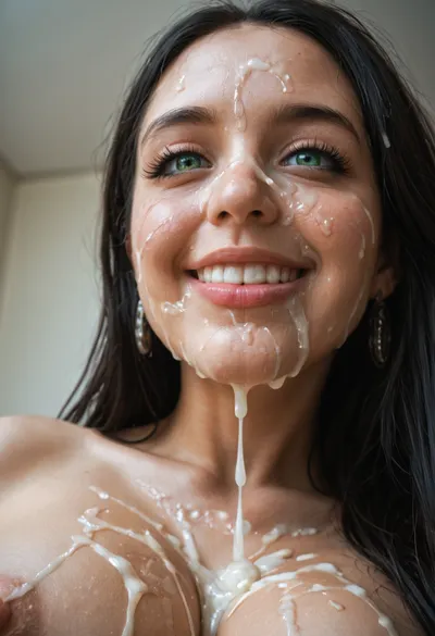 28 year old woman, (viewed from the side and below looking up at face pov), (older woman:1.4), close face and body shot of her excessive bukkake, eyes half open, (realistic skin with pores), happy orgasm open smiling face, hd Pastel green eyes with detailed cornea and hd iris, (long straight thin hair), (head tilted to side), (shy and looking directly viewer), cumshots, facial portrait picture of her from 6ft distance away, face in cum facial, with natural minimal makeup, (a lot of thick runny Cum on her face, cum on her eyelashes, Cum dripping off puffy erect nipples, Cum on her eyelid, Cum on her cheek skin, her face wet with cum and dripping with thick runny Cum, Cum on her lips. cum on her hair, cum dripping from face between her breasts), (wide_set very long saggy very pointy small pokie breasts), (large puffy thick conical cold pokie areola), (huge thick puffy erect long pointy cold nipples), woman, cum, on, face, ((black haired styles, age 28)), facialized, superfacialized, <lora:JustCum:1.3>, <lora:facialized:1.3>