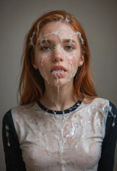 realistic cum, (cum on clothes), cum on, (Cum flows), (cum on body), cum on hair, (cum on face), bukkake, ((Clothes and body covered with thick runny dripping cum)), (), (mouth filled with cum), beautiful face, (cum on hair), woman, cum, on, face, (ginger marinette, aged 43 years old), <lora:JustCum:1.9>, <lora:678016_training_data:1.9>, <lora:cum_in_eye_deepmind:1.9>