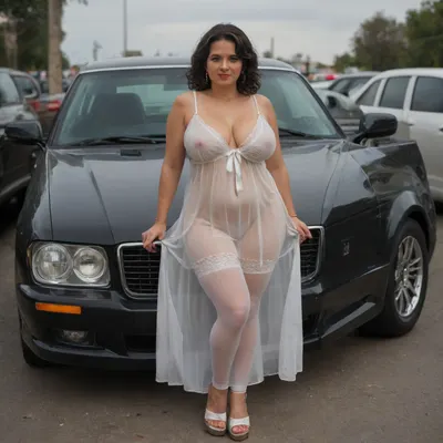 MILF, 35 years old, chubby, perfect anatomy, black hair, bright lipstick, huge natural breasts, black transparent negligee, white stockings, platform sandals, full-length view, in the evening near her car, <lora:220437_training_data:1.3>