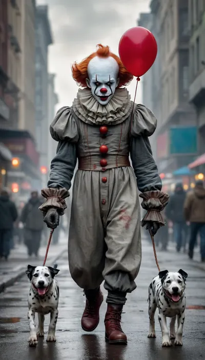 5000000010.24, The clown Pennywise walks with his Dalmatian dog. The background is a busy city I have a killer fantasy grein impasto textured oil primatura in the style of Stefan Gesell, Mirjam Duizendstra, Justyna Jaszke