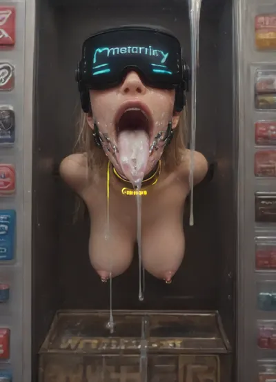 1 young girl, (dark public sci-fi sex shop:1.3), (top side vending machine view:1.5), (very beautiful young 18 years old model girl:1.7), ((lower body hidden into metalic vending sex machine box:1.7)), (stuck with upper body from sex machine:1.7), (arms hidden back into vending machine:1.5), (leaning forward very skinny body:1.4), (only head with breasts visible:1.6), (head up:1.6), (mouth spreader ring gag:1.6), (opened very wide mouth:1.7), ((very beautiful petite girl:1.7)), (slightly satisfied:1.4), (long blond shiny hair:1.4), (innocent looking face:1.7), (very beautiful narrow face:1.7), (light lips:1.3), (flat VR headset cover eyes:1.5), (tongue rounded at the end:1.5), ((very long very flat very wide white tongue hanging down:1.8)), (tongue piercing fixed:1.5), (a lot of liquid cum flows out of mouth:1.7), (cum dripping from tongue:1.3), (cum on face:1.4), (cum on breasts:1.4), (huge massive very oversized golden glowing collar:1.6), (erect nipples:1.3), (nipple piercings:1.3), (firm perky flat medium breasts:1.5), (naked wide slicone boobs spread apart:1.6), (dark skinned:1.3), (narrow cheekbones:1.5), (stunning:1.4), (barcode on boob:1.4), (tattoos:1.3), (tall:1.3), (very small areolas:1.3), (small nipples:1.3), (extremely gorgeous:1.5), (slim perfect fitness skinny body:1.7), (sexy:1.4), (modern vending machine:1.4), (golden lighting spots in vending machine:1.4)