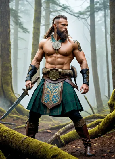 Modern colored pencil sketch, A fierce, muscular Celtic warrior, barechested with intricate blue woad body paint, a rugged beard, and a primitive necklace, holding a golden short sword raised high in one hand and a gold-bladed axe in the other, wearing a kilt-like garment of fur and green cloth, with a large ornate belt buckle showcasing a triskelion symbol, and primitive leg wraps and shoes, charging dynamically with a battle expression. During a battle in a dense, misty forest with numerous blurred, silhouetted warriors in the background, suggesting a chaotic melee. Fantasy art, Digital Painting, Epic Fantasy, inspired by historical Celtic art. Natural lighting, slightly diffused due to mist, focusing on the central figure with dramatic highlights. Full body shot, slightly low angle to emphasize power, dynamic action pose. Intricate details on body paint and attire, aggressive expression, realistic texture on fur and weaponry, atmospheric background with sense of movement, high fantasy, ancient warfare, colored, contrast, tone, texture, details, stylish, elegant