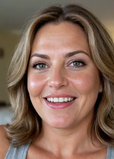 1milf, average height, tan American milf, messy long bob cut light brown hair with gray highlights, 50 years old, chubby face, chubby cheeks, solo, detailed eyes, perfect eyes, realistic, wrinkles, freckles, full lips, juicy lips, licking her lips by her tongue, big smile
