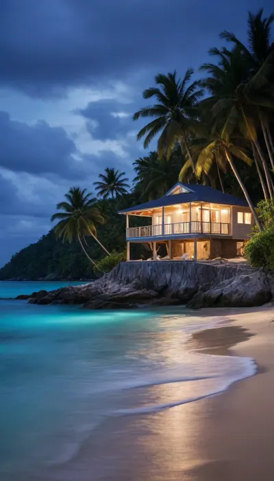 5000000010.50, a house sitting on top of a beach next to the ocean, a picture, light and space, beautiful blue lights, beautiful night lighting uhd, undersea, tropical island, breath-taking beautiful beach, computer wallpaper, shallow waters, beautiful look, glare on the water, glistening, beautiful wallpapers for phone