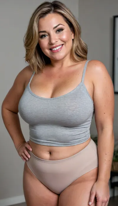 Very Curvy, 1milf, short height, chubby tan American milf, bob cut hairstyle, dark blonde hair with highlights, 50 years old, chubby face, chubby cheeks, solo, detailed eyes, perfect eyes, big eyes, sexy eyes, realistic, wrinkles, freckles, full lips, juicy lips, licking her lips, lips parted, bowed-lips, big smile, wearing highwaist gray pants, white spaghetti strap tank top, tight clothes, plump waist, plump pubis, fupa, curvy, wide, large hips, very saggy