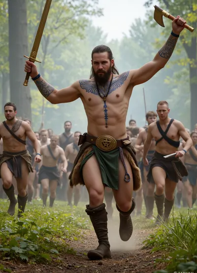 Modern colored pencil sketch, A fierce, muscular Celtic warrior, barechested with intricate blue woad body paint, a rugged beard, and a primitive necklace, holding a golden short sword raised high in one hand and a gold-bladed axe in the other, wearing a kilt-like garment of fur and green cloth, with a large ornate belt buckle showcasing a triskelion symbol, and primitive leg wraps and shoes, charging dynamically with a battle expression. During a battle in a dense, misty forest with numerous blurred, silhouetted warriors in the background, suggesting a chaotic melee. Fantasy art, Digital Painting, Epic Fantasy, inspired by historical Celtic art. Natural lighting, slightly diffused due to mist, focusing on the central figure with dramatic highlights. Full body shot, slightly low angle to emphasize power, dynamic action pose. Intricate details on body paint and attire, aggressive expression, realistic texture on fur and weaponry, atmospheric background with sense of movement, high fantasy, ancient warfare, colored, contrast, tone, texture, details, stylish, elegant