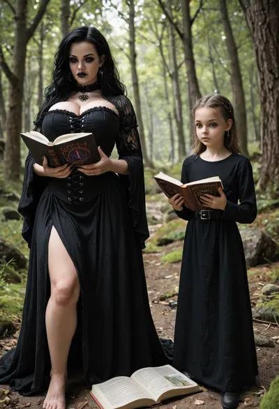 2 girls, wide angle, (older girl with massive tits:1), sexy slutty dresses, (goth witch with enormous tits, long sexy witch dress, legs exposed, black spiderweb corset, reading from am old book, standing above younger girl, casing a spell), older witch girl is casting a spell on younger petite girl, (younger girl is laying naked on a large rock:1), in a forest clearing, young girl laying on a rock with the older witch standing over her