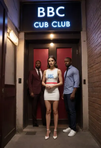 neon lights above it displaying the words "BBC Club." an Iranian woman with brown hair kneel in a quiet alley, very short white dress. The woman wears a short white dress paired with high-heeled YSL shoes. The man is dressed in a formal outfit beside her. At the end of the alley, there is a door with neon lights above it displaying the words "BBC Club." In front of the door, two muscular Black men stand guard. The background is dimly lit, with neon lights casting a moody atmosphere over the scene. neon lights above it displaying the words "BBC Club."