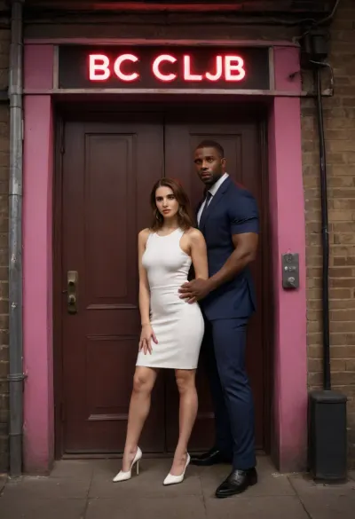 neon lights above it displaying the words "BBC Club." an Iranian woman with brown hair kneel in a quiet alley, very short white dress. The woman wears a short white dress paired with high-heeled YSL shoes. The man is dressed in a formal outfit beside her. At the end of the alley, there is a door with neon lights above it displaying the words "BBC Club." In front of the door, two muscular Black men stand guard. The background is dimly lit, with neon lights casting a moody atmosphere over the scene. neon lights above it displaying the words "BBC Club."