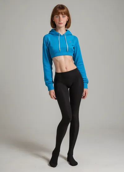 (ultrarrealistic, ultra detailed, best quality, amateur candid photo, fullbody view), woman is caucasian female, 40 years old, 165 cm in height, 45 kg in weight, skinny body, (skinny:1.2), wide thigh gap, skinny hips, skinny waist, (slightly tanned skin), no tattoos, small natural flat sagging tits, small ass, triangular thin narrow face, pointed nose, hazel eyes, feint small amount of freckles across nose, thin lips, grey eyes, no makeup, (medium-length black bob with bangs), (She is wearing black thin leggings and a blue hoodie), She laughs