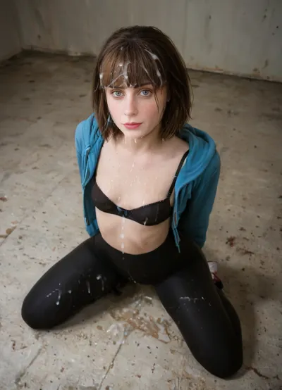 (ultrarrealistic, ultra detailed, best quality, amateur candid photo, fullbody view), woman is caucasian female, 40 years old, 165 cm in height, 45 kg in weight, skinny body, (skinny:1.2), wide thigh gap, skinny hips, skinny waist, (slightly tanned skin), no tattoos, small natural flat sagging tits, small ass, triangular thin narrow face, pointed nose, hazel eyes, feint small amount of freckles across nose, thin lips, grey eyes, no makeup, (medium-length black bob with bangs), (She is wearing black thin leggings and a blue hoodie, black bra), ((She's cry and very sad, kneeling, after bukake, bts)), bukkake, woman, cum, on, face, <lora:MS_Real_XL_Bukkake:1.5>, <lora:JustCum:1.5>