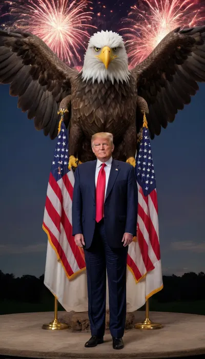 Full body patriotic american eagle very large, (with president trump next to the eagle:1.5), fireworks behind them