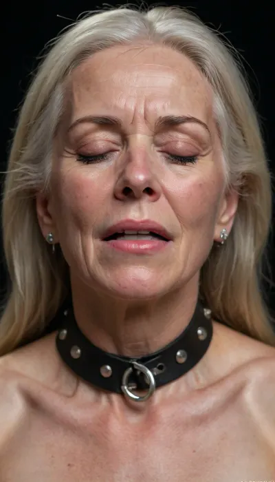 the face of a nude woman, irish ethnicity, high cheekbones, brown to white hair, long hair, freckles, no lipstick, ear rings, 75 years old, milf, human torture, (heavy steel slave collar around her neck), (head tilted back), she is suffering, showing extreme pain, pain face, eyes closed, crying, tears, black background