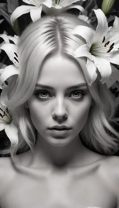 5000000010.120, drawing on a sheet of paper, woman with a flower in her hair, by Allan Linder, digital art, white lilies, scattered pencils and a mug of coffee, monochromatic airbrush painting, steven meisel photography, wallpaper, 1 0 2 4, girl with white eyes, pure b & w, jean-sebastien rossbach, with flowers, 2 D, white fringy hair, icon black and white, lilies