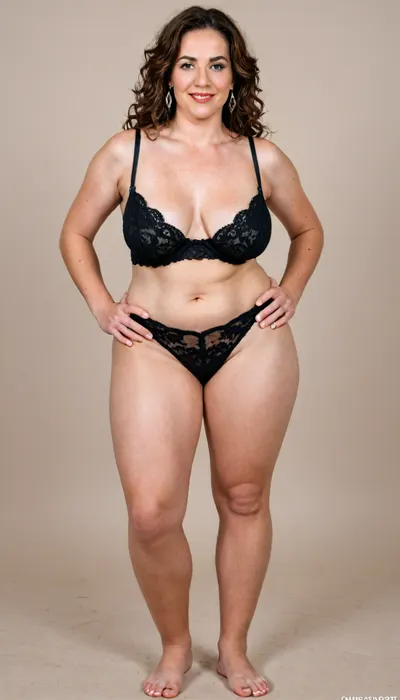 60 year old, beautiful sexy chubby mature milf, long hair, chestnut hair with highlights, very curvy, thick, plump, wide hips, waist, sexy saggy milf, 1960s, strong eyebrows, realistic photo, smiling, beautiful, skin pores, eyelashes, textured skin, highly realistic skin, (big hips:1.6), ambient occlusion, model shoot, masterpiece, black lingerie, (full body portrait), stretch, marks