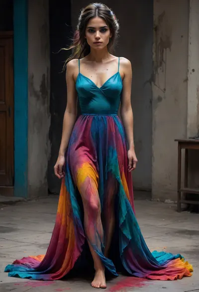 Mexican horror, 30 year old woman, tall and lithe, fear, dread, despair, bare feet, full length, full body, long flowing dress, complicated and messy hairstyle, katr1na, face, paint, Colorsplash, <lora:CatrinaMulti_byDevDope:.5>, <lora:SDXLPaintSplash:.3>