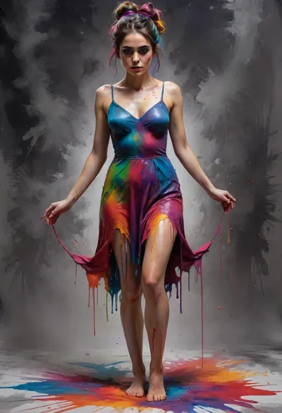 Mexican horror, 30 year old woman, tall and lithe, fear, dread, despair, bare feet, full length, full body, completely nude, body covered in paint, paint spread out flowing like a dress, complicated and messy hairstyle, katr1na, face, paint, Colorsplash, <lora:CatrinaMulti_byDevDope:.5>, <lora:SDXLPaintSplash:.3>