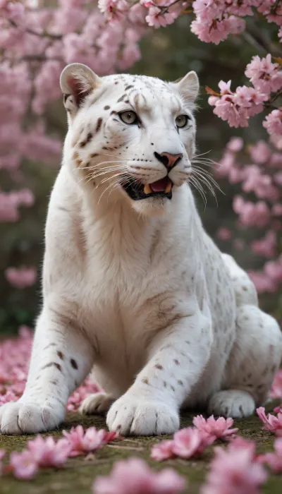 5000000010.206, The white leopard is made of cherry blossoms, wide feet of flowers tread on flowers, it is completely covered with delicate pink petals and golden leaves. The background of the garden is made in soft pastel colors, and the falling cherry blossoms create an airy atmosphere. This hyper-realistic digital work of art, shot in full-length from the side, shows intricate details on each petal and leaf.