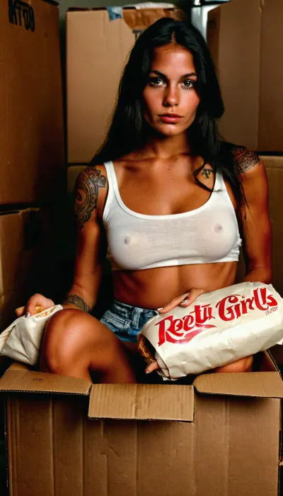 ((Holding a butt burrito)), (((She is holding a butt burrito in her hands))), (((sitting inside a cardboard box for a refridgerator))), amazing chest tattoo design, half body portrait of a woman wearing a KFC bucket for a hat, 80's style makeup, slept in style, princess portrait, beautiful costume, white trash homeless white girl style, beautiful detailed body and face, tanned white skinned american girl, 80's clothing, provocative white american, beautiful skinny woman, tattoed nipples, tear drop saggy breasts, a girlA young homeless white trash woman with long, dark hair. The image conveys a blend of generation, cutural and natural beauty., titsonastick, grainy photograph, 1980s photo with film grain, 1980s photo with vignetting, retro, r/OldSchoolCool, 1950s photo, vintage photo, natural beauty, breathtaking tribal tattoo design, incredible tattoo design, soft focus, depth of field, 8k photo, HDR, professional lighting, taken with Canon EOS R5, 75mm lens, theme, puffy, nipples, dark, ghost, wide, <lora:Nipples XL:1.3>