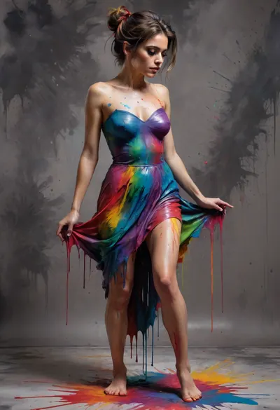 Mexican horror, 30 year old woman, tall and lithe, fear, dread, despair, bare feet, full length, full body, completely nude, body completely covered in paints, paint spread out flowing like a dress, complicated and messy hairstyle, katr1na, face, paint, Colorsplash, <lora:CatrinaMulti_byDevDope:.5>, <lora:SDXLPaintSplash:.3>