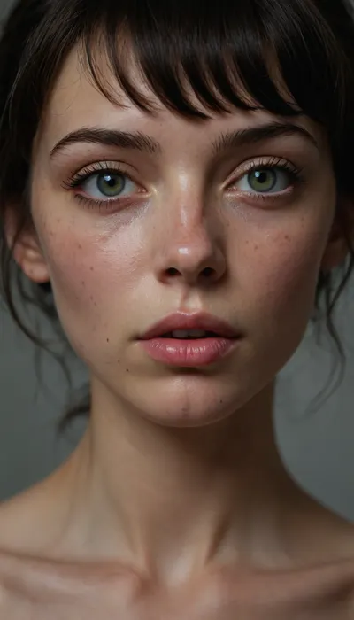 Masterpiece, 1girl, extremely short, Ukrainian, wavey bobcat, black hair, full messy bangs, barely legal, extremely skinny, underweight, very pointy sexy cheekbones, very skinny, solo, very big and very bright green eyes, perfect eyes, realistic eyes, ultra realistic, very many freckles, very wide beautiful lips, very full upper lip, down curved upper lip, heart shaped lips, skinny neck, visible collarbones, very pale