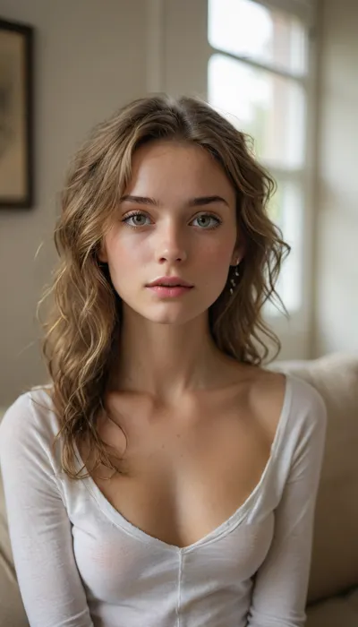 Masterpiece, (photorealistic:1.25), barely legal girl, skinny/petite build, shoulder-length wavy light-brown hair, center part, small silver stud earrings, (natural skin texture:1.25), (sharp eyes:1.3), subtle natural makeup, wearing a thin slightly sheer white long-sleeve T-shirt with soft wrinkles, small midriff visible, reclining on a beige fabric sofa, torso angled toward camera, head slightly tilted, calm direct eye contact, neutral soft expression, minimalist living-room background with two framed artworks softly out of focus, (diffused window light from camera-left:1.2), (smooth highlight roll-off, warm/neutral white balance:1.1), (shallow depth of field:1.2), (85mm lens, f/2.2:1.1), low contrast, warm natural color grade, detailxl, <lora:add-detail-xl:.5>, <lora:xl_more_art-full_v1:.8>, <lora:MJ52:.5>
