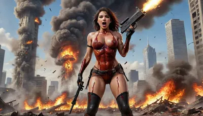 Photo, 8k, score_9_up, score_8_up, explicit, highest detail, sexy happy excited laughing attractive latina, ((she is standing on top of many corpses)), red lipstick, long dyed messy hair, army outfit, upskirt, tall with gorgeous shapely legs, topless, no pants, black fishnet stockings, boots, she holds a huge black bazooka and is firing the bazooka at the sky, a helicopter is exploding in the sky, buildings exploding in the background, bloody, gory, corpses, uberfit, muscular, athletic, boltgun, Explosion, Artstyle, Sch0llg1rl, American, African, Caribbean, Indian, Australian, Chinese, Japanese, Korean, Polynesian, European, Latin, Arabic, Hispanic, Canadian, Mexican, Cuban, uniform, Blood_Covered, <lora:uberfit_lora_sdxl:1.9>, <lora:boltgunXLLoRAv1:2>, <lora:Explosion Artstyle - Trigger is Explosion Artstyle:2>, <lora:Schoolgirl:1.9>, <lora:Blood_Covered-step00001743:1.9>