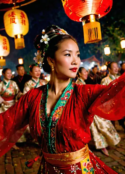 National geographic magazine cover shot, charming Chinese woman in traditional dress dances at the Lantern Festival, (dancing, spinning:1.4), motion blur, sharp focus on face, realistic eyes, cleavage, detailed face, masterpeace, shallow depth of field, (dutch angle:1.3)