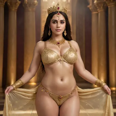 "A divine fantasy queen standing in a sacred temple bathed in golden light, her entire body artistically adorned with intricate golden jewelry and delicate accessories. Her skin glows with a soft, radiant tone, and she wears layers of shimmering gold chains, armlets, anklets, and body harnesses that trace the contours of her figure. Elegant translucent veils and flowing silks wrap around her in strategic, tasteful ways, fluttering gently as if moved by divine energy. Intricate henna-style golden body art decorates her arms, hands, and legs, blending with embedded gemstones that shimmer with magical energy. Her head is crowned with an ornate halo-like headpiece, and her neck is layered with ceremonial necklaces encrusted with rubies and sapphires. A glowing aura surrounds her, with enchanted gems softly pulsing with mystic light. The background is an ethereal palace of gold and marble, with towering pillars, floating lights, and a celestial atmosphere. Ultra-detailed, fantasy realism, elegant and powerful, 8K digital artwork.", flat, chest, big, small, hips, thighs, wide, thick, plump, belly, muscular, female, arms, extra, abs, <lora:Venus_Body_Alpha:.8>, bikini, underwear, Lace, <lora:Bikini_02_lora:.8>, GiganticBreatsXL, gigantic, breasts, huge, <lora:GiganticBreastsXLv1:.8>