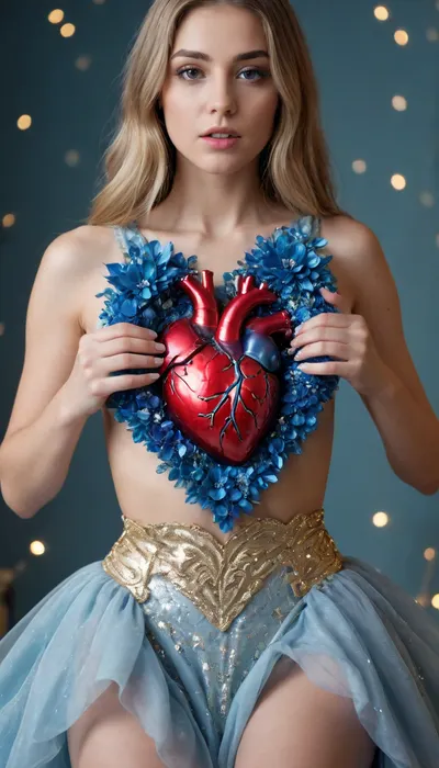5000000010.203, blue and redrel HUMAN HEART shoots with jewels gold muted tones, full heart, wide view, IG fashion flowers photography style, sparkly. fairy pastel lights, sequin, intricate details, wide angle, blue crystals, ultra detailed, insanely detailed blue petals, white background, action shot, photography, perfect clear lighting, photoshoot
