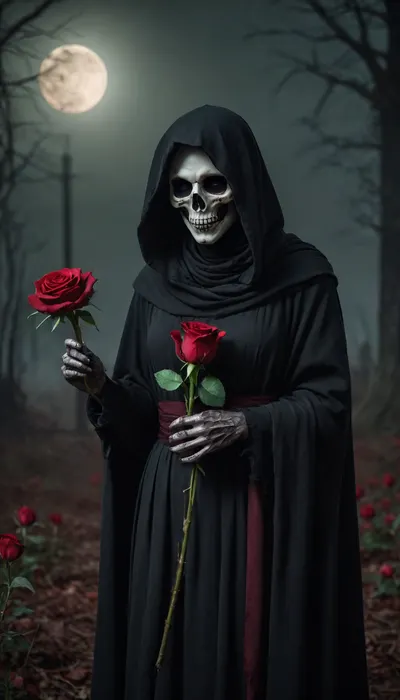 5000000010.204, Grim reaper with rose in hand, dark fantasy, horror, full-length portrait, dark gray and red color palette, red moon in background, gloomy atmosphere, dark green background, detailed skin texture, detailed eyes with black makeup, detailed female face, full-length photograph, professional photography, professional lighting, professional color correction, cinematic