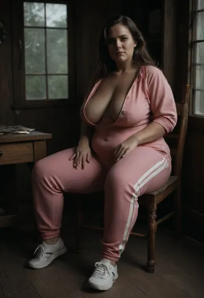 Dark, evening, woman sitting on porch, country house porch, sitting on chair, old woman, fat woman, gilf, chubby woman, cute fat face, proud face, angry face, fat cheeks, brunette, brown straight hair, long hair, big saggy breasts, heavily saggy tits, fat ass, fat belly, chubby legs, woman dressed, woman wearing pink tracksuit, pink tracksuit buttoned, woman wearing white sneakers, <lora:dark:.8>