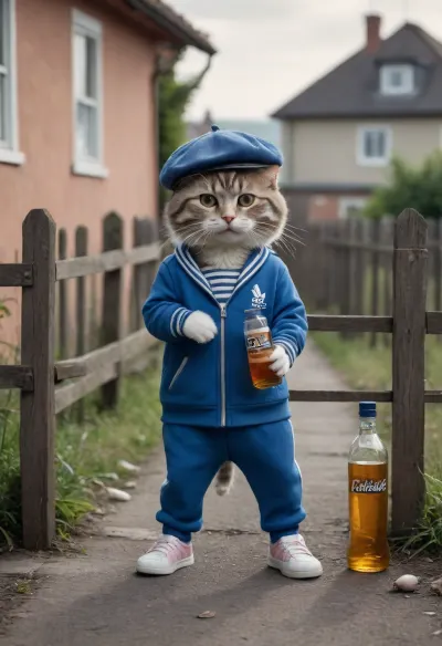A thug's anthropomorphic, cheeky cat is squatting against a fence, drinking a bottle of vodka, while a tiny mouse sleeps on its back, its arms spread out, wearing a beret and an Adidas suit. The scene is set against the backdrop of a house, a fence, a street, and an old Lada car.