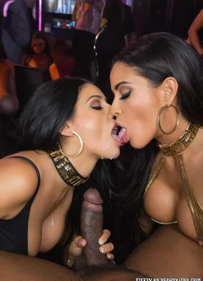 2girls, pov oral, in a crowded nightclub, long dark hair, brown skin, clubbing dress, huge hoop earring, wide gold futuristic collar, slightly chubby, makeup, big long eyeliner, large eyelashes, looking at viewer, clubbing, crowded latin party, 2 stunning Mexican bimbo girls, kissing, oral, sharing a black mans black dick, black man pov, black dick, cum, cumshot, Cleopatra, black penis