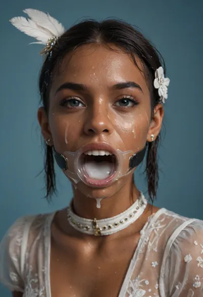 (portrait of a brown skinned Indian woman:1.1), (her mouth is wide open, wearing a mouth spreader ring gag, gaping throat:1.3), (haute couture small white feathery head accessory for derby:1.4), (sleek straight cut hair:1.2), (shoulder hair), (black hair), (straight hooked nose:1.3), plucked eyebrows, dark complexion, smile, (transparent liquid, wet face:1.3), (cum on her face, bukakke:1.3), white summer dress, cleavage, dark blue background, short sleeves, puffer sleeves, (flower print on dress), millinery, fascinator