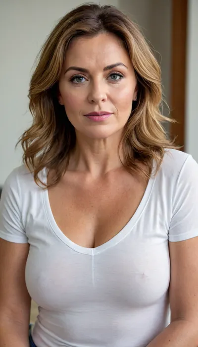 Lubica stepaunt, (Close-up:.1), full body Portrait, mature woman, beautiful Croatian motherly milf, 60 years old mature adult woman, (fat round face:1.2), (circular face), double chin, strong jawline, beautiful curved lips, (highly detailed face), gorgeous face, (beautiful face), fat neck, Broad strong shoulders, (straight brunette hair with highlights), blue eyes, Crystal clear eyes, detailed liptexture, (wearing oversized white cotton low-cut v-neck t-Shirt), (fully clothed), small natural saggy tities, sagging cleavage curvy body, chubby body, (arch back chest thrust out:.5), in bedroom, best quality, ultra-detailed, masterpiece, finely detail, highres, 8k wallpaper, thick and strong woman, textured skin, soft light, realistic photo, full-length photo, (high detailed skin), 8k uhd, dslr, high quality, detailed skin texture, soft shadow, golden reflector reducing shadows, (highly detailed hair, balayage layered haircut), highly detailed body, (realistic), insanely detailed, highest quality, freckles, high resolution photography on a canon camera, with, pokies, <lora:Real BBW V1:.5>, <lora:plump_control_v1.0:.1>, <lora:weight_slider_v2:.2>, <lora:pokies_9:.4>