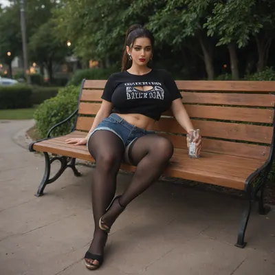 MILF, 35 years old, juicy body with a belly, perfect anatomy, black hair in a high ponytail, bright red lipstick, huge breasts, black T-shirt with a cutout, leather shorts, tights, full-length view, sleeping on a bench, night in the park, with a bottle of wine nearby, <lora:220437_training_data:2>