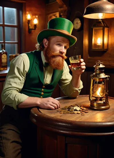 Cozy Irish pub interior at night, drunk, cheerful leprechaun is leaned over a wooden bar, he holds a half-empty glass of whiskey in one hand, his hat is tilted, his ginger beard is messy, beside his elbow lies a nearly empty pot of gold, with a few coins, warm, dim lighting from a single lantern, sawdust on the floor, smoldering cigar in ashtray, empty bottle of whiskey, detailed digital painting, whimsical realism.