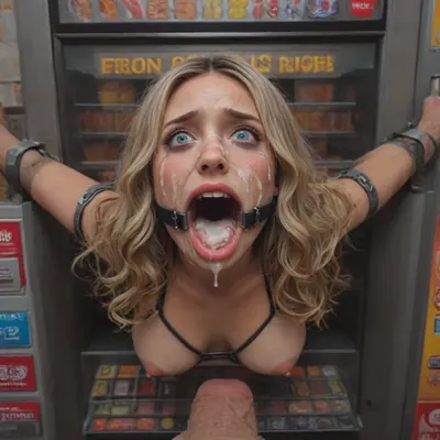 (40 years adult), (woman is stuck with her hips in a round hole with metal rim in a vending machine), (her bust is protruding from a round hole in the front of the vending machine:1.5), (stuck in hole with metal rim:1.3), (vending machine at night, slot for payment), (wide mouth spreader ring gag, gaping mouth:1.5), (leaning forward), (embarrassed, ashamed), (pleading expression:1.2), (terrified:1.6), (crying:1.2), (fear and panic:1.2), (box is low mounted, close to floor), (score_9, score_8_up, score_7_up, UHD 8K, masterpiece, best quality, maximum details, natural light, extreme realism, cinematic still), (huge penis:1.4), (she stares at erect penis in front of her face:1.3), (POV from above, she is looking up to viewer, submissive), (POV man standing and looking down, man stroking his big dick:1.1), (arms restrained to wall), (her arms left and right flat against the wall, multiple iron rings fixing her stretched arms against the wall:1.5), (POV standing man, looking down on her:1.2), (mouth wide open), (dirty blonde Swedish woman, freckles, tanned), (tan lines), (iron rings restrain her arms to vending machine), (her arms are spread eagle against vending machine:1.8), (arms restrained with iron rings:1.8), (free-standing vending machine), (her face is covered in cum:1.6), (enormous cum in er mouth:1.12), (bukkake, facial:1.48), (crying:1.56), (freckles, skin impurities), (transparent liquid:1.2), (realistic cum), (wet face:1.2), (oily skin:1.5), (stuck in a round hole with metal rim:1.6), (long blonde hair, elegantly styled hair, long wavy hair:1.5), (eyes wide open in horror:1.8), (her mouth serves only one purpose), (she's got a new job, she's a public cum dumpster)