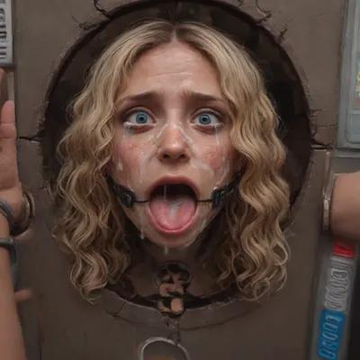 (close-up view from below:1.3), (40 years adult), (woman is stuck with her hips in a round hole with metal rim in a vending machine), (her bust is protruding from a round hole in the front of the vending machine:1.5), (stuck in hole with metal rim:1.3), (vending machine at night, slot for payment), (wide mouth spreader ring gag, gaping mouth:1.5), (leaning forward), (embarrassed, ashamed), (pleading expression:1.2), (terrified:1.6), (crying:1.2), (fear and panic:1.2), (box is low mounted, close to floor), (score_9, score_8_up, score_7_up, UHD 8K, masterpiece, best quality, maximum details, natural light, extreme realism, cinematic still), (huge penis:1.4), (she stares at erect penis in front of her face:1.3), (POV from above, she is looking up to viewer, submissive), (POV man standing and looking down, man stroking his big dick:1.1), (arms restrained to wall), (her arms left and right flat against the wall, multiple iron rings fixing her stretched arms against the wall:1.5), (POV standing man, looking down on her:1.2), (mouth wide open), (dirty blonde Swedish woman, freckles, tanned), (tan lines), (iron rings restrain her arms to vending machine), (her arms are spread eagle against vending machine:1.8), (arms restrained with iron rings:1.8), (free-standing vending machine), (her face is covered in cum:1.6), (cum in er mouth:1.1), (bukkake, facial:1.3), (crying:1.3), (freckles, skin impurities), (transparent liquid:1.2), (realistic cum), (wet face:1.2), (oily skin:1.5), (stuck in a round hole with metal rim:1.6), (long blonde hair, elegantly styled hair, long wavy hair:1.5), (eyes wide open in horror:1.3), (her mouth serves only one purpose), (she's got a new job, she's a public cum dumpster)