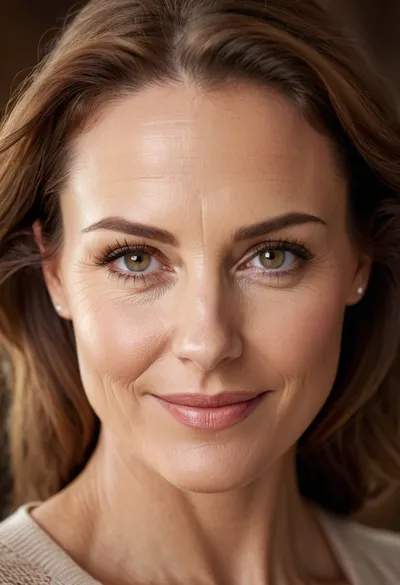 A hyperrealistic portrait of a beautiful mature woman in her mid-40s, with elegant and attractive facial features, smooth skin with natural texture, expressive eyes, slightly wavy chestnut hair, and a warm confident smile. She has refined cheekbones and soft feminine lines, wearing subtle natural makeup that enhances her beauty. The lighting is soft and cinematic, creating a flattering glow on her face. Ultra-detailed skin pores, realistic depth of field, 8k resolution, professional studio photography style, sharp focus, highly realistic, looks like a real person.