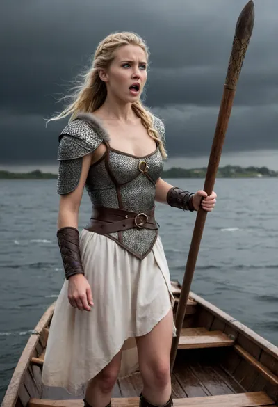 a stern Viking warrior stands on the deck of a dragonboat, her face is weathered and scars are visible, she is dressed in chain mail, leather bracers, a wolfskin cloak is draped over her shoulders, a Carolingian sword hangs from her belt, carries on her shoulder a resisting young slender blonde woman in a simple long white dress, her dress is pulled up and a round ass, a woman screams for help, round shields, axes and spears are stacked on the deck of a dragonboat, stormy sea in the background, leaden-gray sky with dark clouds and lightning, the whole picture is in the style of the Dark Ages, dramatic colors, high resolution, realistic. Style