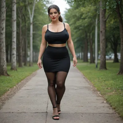 MILF, 35 years old, juicy body with a belly, perfect anatomy, black hair in a high ponytail, bright red lipstick, huge breasts, black strapless mesh tank top, black skirt with a slit just below the knees, tights, stiletto sandals, full-length view, walking in the park, <lora:220437_training_data:2>