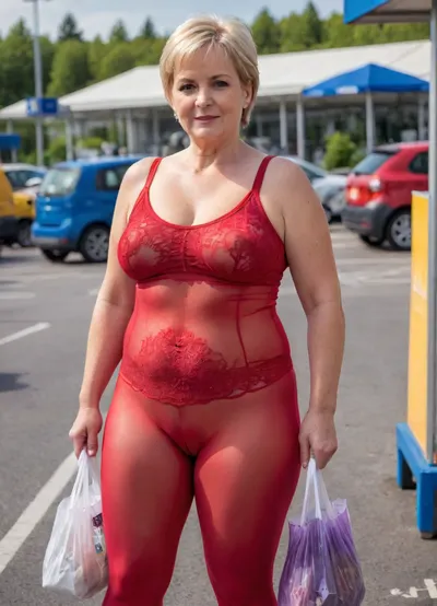 Graceful, pretty, plump 60yo caucasian woman, blondie short hair, tall adult woman 60 years old with a curvy, plus-size figure, sexy transparent leggings, red lace tanktop, loads purchases into the trunk in the parking lot at IKEA, Germany, 3/4 view, front view big plimp pubis, closeup, <lora:278488_training_data:.8>, cameltoe, <lora:cameltoe XL:.8>