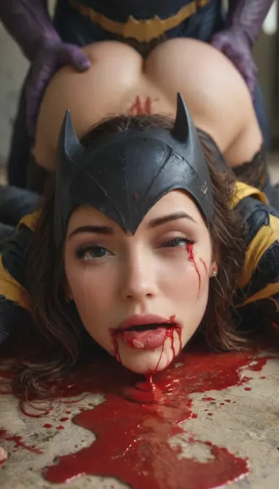 (score_9, score_8_up, score_7_up, masterpiece, high quality, cinematic, 8k, UHD, high realism, highest detail, natural lighting), artstation, (epic realism:1.1), (HDR:1.1), intricate details, photorealistic, (random view), beautiful top model face, Batgirl from DCU, (wearing Batgirl uniform), (Batgirl full mask), ripped uniform, front view, Mauve male Thanos, (Thanos from Marvel:1), ((the head of the cock kissin the ass entrance)), ((huge massive cock)), (ass up, face down), (she is leaning foreward with the ass up towards the male:1.3), ((face down laying on the ground)), ((one eye wide open:1.7), (and one eye is closed:1.9)), (excessive blood is dripping from her mouth:1.9), (excessive blood dripping from nostrils:1.9), (hematoma on face:1.8), (black eye:1.9), (tears:2), (blood:2.3), ((highly detailed beautiful face and eyes)), (detailed fingers), attractive face, (painful expression:1.8), bloodyface, blood, <lora:lora-bloodyface-lite:.9>, <lora:add-detail-xl:1.4>, <lora:xl_more_art-full_v1:1.3>, <lora:MJ52:.8>