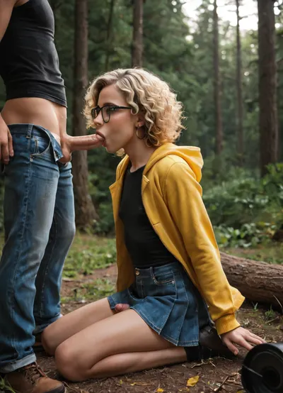 a young 1guy gives a 1femboy a blowjob, guy sucks cock with femboy, the femboy took the entire penis into his mouth, super image quality, 8K, detailed face study, realistic image, soft lighting, blow job, 1femboy is sitting in the forest, near a tent, on a lying tree, he is 45 years old, wearing a yellow hooded jacket and a black sweater, without panties, micro skirt, blonde, curly hair, glasses, athletic body, small breasts, erogenous penis, femboy legs spread wide, 1 young guy kneeling in front of him, he sucks a femboy dick, the guy is 20 years old, the guy took off his jeans, the guy is wearing a blue jacket, side view, semen flows out of the penis, There are 3 men sitting behind the campfire.