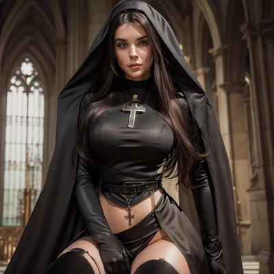 Close up, Dark church background, boots, cross necklace, sexy satin habit, long hair, necklace, 30 yo nun, solo, standing, thigh boots, thighhighs, (((beautiful face))), (((detailed face))), (((perfect face))), highly, best natural sunlight, masterpiece, 32k, (Masterpiece:1.2), high quality, Volumetric Lighting, backlight, sexy