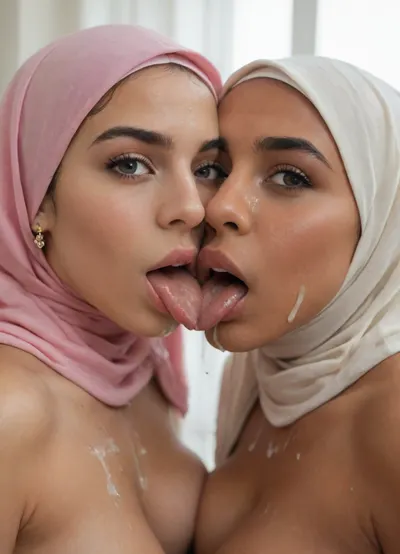 woman, doubleblowjob, two naked 19yo super cute persian lightly dark skinned muslim women, licking with the tongue, they wear latex hijabs, cum on their face, cum on the hijab, cum dripping from tongue, facializ3d, facials, bukkake