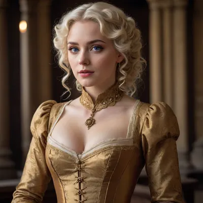 A beautiful woman, 25 years old, with white curly hair styled in curls, blue eyes, and a slight smile on her lips, dressed in an antique, ((richly decorated golden-brown dress with a high stand-up collar)), adorned with gold lace and sequins, with a deep neckline, her chest lifted by a corset, posing in a medieval castle. Cinematic style, photorealism. Soft diffused lighting, natural light. Close-up, portrait photography. Detailed fabric texture, historical costume, atmospheric, deep colors