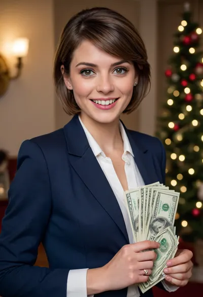 Gold-digging slag, mid-20s, (short choppy brown hair), (light tan skin), (evil/greedy grin), (wearing a navy blue blazer over a white top), (short pleated light-gray skirt), (holding a wad of cash), interior setting, heavy makeup, Christmas theme